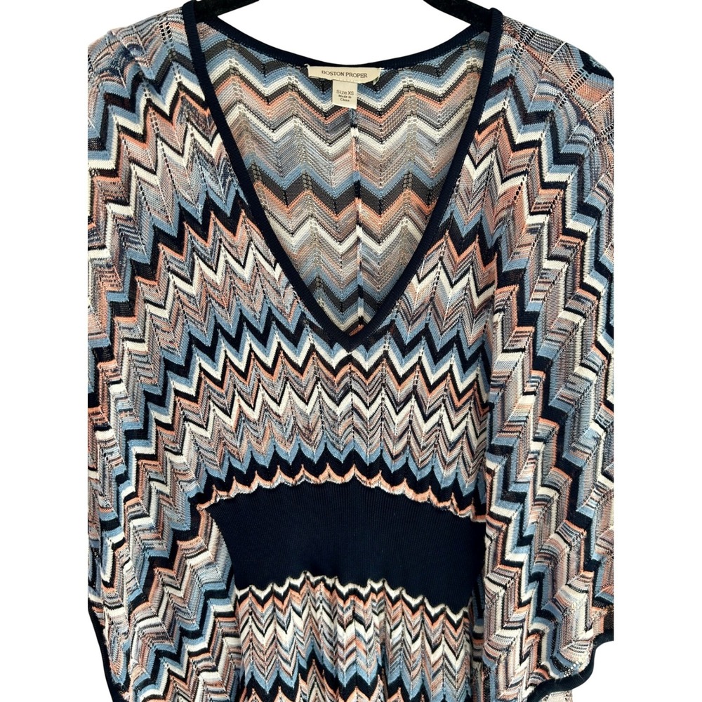 Boston Proper Chevron Knit Kaftan Top V-Neck Zig Zag Poncho Blue Peach XS
